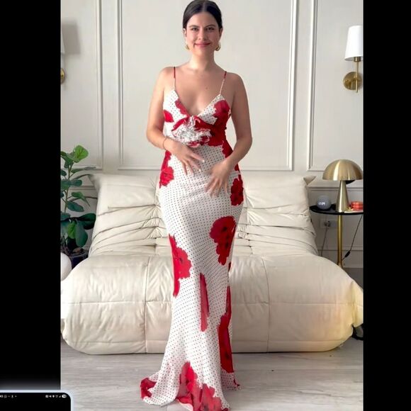 NWT Zara FLORAL PRINT LONG DRESS Polka Dot White And Red Flower - Picture 9 of 16